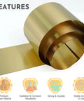 0.004 Inch Brass Shim Stock Roll 6 Inch Wide By 100 Inch Long Half Hard Cold Rolled CDA 260 For Gearheads Hardware DIY Jewelry Crafts And Electrical Work, showing brass roll with features icons