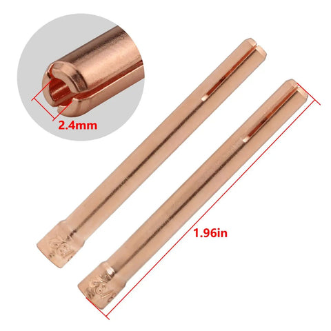 Close-up of TIG Collet Tip 10N24, 10 Pack, 2.4 mm Copper Chuck for WP17 WP18 WP26 TIG Torch Series showing detailed dimensions