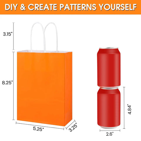 32 Pack Kraft Paper Gift Bags With Handles Six Color Rainbow Set For Birthday Parties Baby Showers Weddings And Crafts Durable Reusable Party Favor Bags Eight Inch Height Five Inch Length Three Inch Width orange bag size comparison with soda cans.