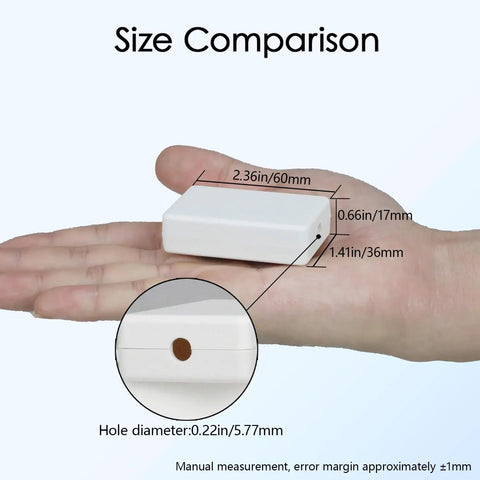 Compact ABS Plastic Electrical Project Box Enclosure Kit 8 Piece White Small Junction Box For DIY Power Electronics Space Saving Enclosure With External 2.36 x 1.42 x 0.67 Inches And Internal 2.17 x 1.22 x 0.47 Inches size comparison in hand