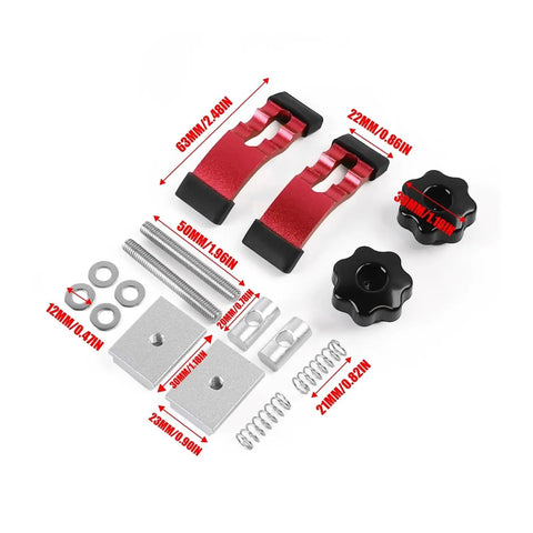 Two Pack Mini T Track Hold Down Clamp Set In Red Aluminum Double Groove Quick Lock Jigs with adjustable parts and dimensions shown