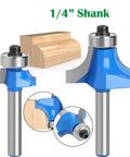 Top Tier Seven Piece Roundover Router Bit Set Featuring Quarter Inch Shafts And Razor Sharp Carbide Tips For Slick Corner Rounding and Easy Bearing Guided Woodworking Dream Setups Anywhere, showing a 1/4" shank roundover bit.