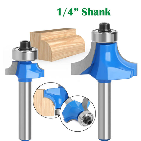 Top Tier Seven Piece Roundover Router Bit Set Featuring Quarter Inch Shafts And Razor Sharp Carbide Tips For Slick Corner Rounding and Easy Bearing Guided Woodworking Dream Setups Anywhere, showing a 1/4" shank roundover bit.
