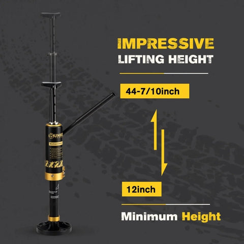 Portable Hydraulic Recovery Jack With Lift Mate For Off Road 4x4 SUVs, ATVs, And UTVs, 19,400 lb lifting capacity, black and yellow body.