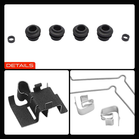 Premium Front Side Disc Brake Hardware Kit For Toyota Camry Highlander Sienna Rav4 And Lexus Rx350 Red Caliper Models Dual Coated PTFE Rubber Finish Super Tough Heavy Duty Upgrade, rubber boots and clips