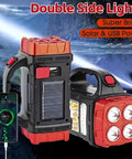 Solar Flashlight With USB C Rechargeable Power Bank, Waterproof LED Work Light And Lantern For Camping, showing double side lights.