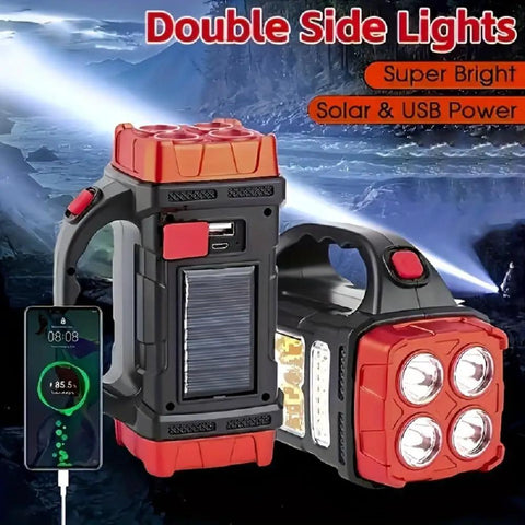 Solar Flashlight With USB C Rechargeable Power Bank, Waterproof LED Work Light And Lantern For Camping, showing double side lights.
