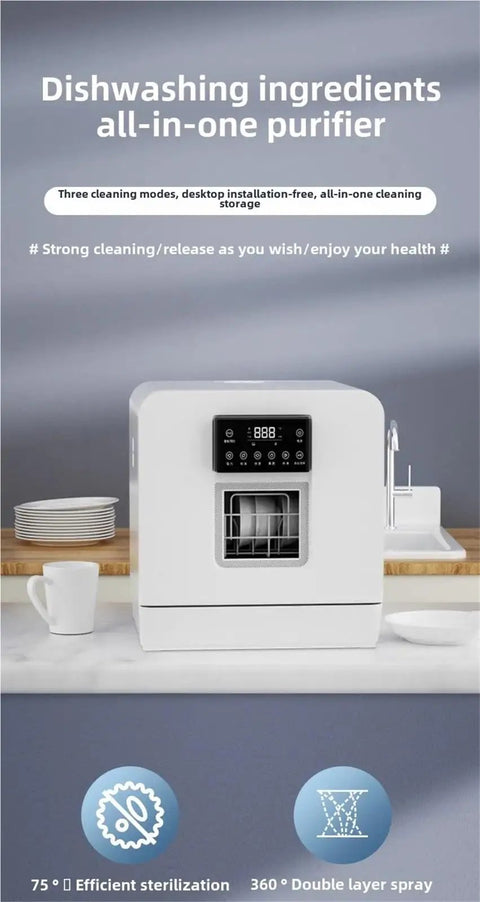 Plug And Play Portable Countertop Dishwasher Automatic Smart Wash System With Built In Storage And Disinfection Mode No Install Headaches compact device with display, plates beside it.