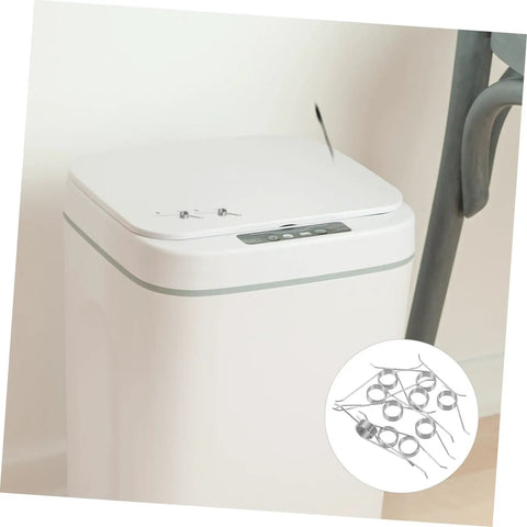 Upgrade Your Trash Can With This 20 Pc Spring Kit, Silent Iron Nickel Torsion Springs For Easy Lid Replacement, Durable Home And Classroom Use, Perfect Fix For Broken Garbage Bin Lids And Smooth Everyday Operation. White trash can lid with 20-piece metal spring kit
