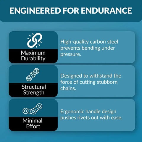 Informational image titled 'Engineered for Endurance' showing benefits of a chain tool: Maximum Durability, Structural Strength, Minimal Effort.