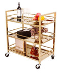 Heavy Duty Metal Serving Cart With Three Tier Shelves And Slick Swivel Casters, Mobile Industrial Bar Trolley displaying drinks and fruit.