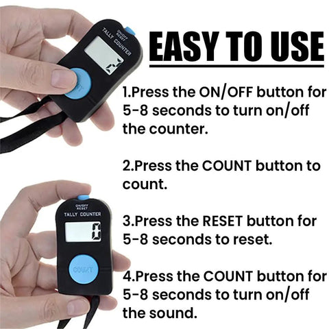 Straight Up Reliable Electric Hand Tally Counter With Comfortable Neck Strap Lcd Screen showing easy-to-use instructions.