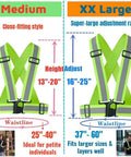 Road Ready Heavy Duty High Vis Safety Strap Vest Engineered For Day Shift Workers Demanding Peak Night Glow And Bulletproof Polymer Straps That Will Never Tear Up In Comfortable Oversized Cut size comparison chart.