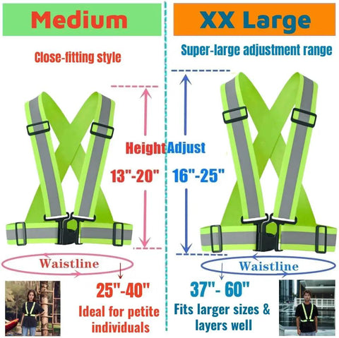Road Ready Heavy Duty High Vis Safety Strap Vest Engineered For Day Shift Workers Demanding Peak Night Glow And Bulletproof Polymer Straps That Will Never Tear Up In Comfortable Oversized Cut size comparison chart.