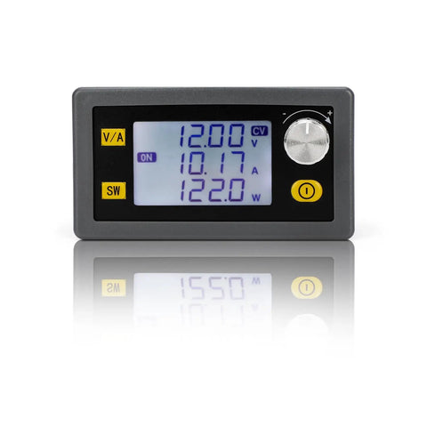 Front view of DC Buck Converter With Meter 6-70V In To 0-60V Out Up To 20A 1200W Step Down Power Supply with LCD display and controls
