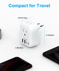 Six In One European Travel Plug Adapter With Two AC Outlets And Four USB Ports Including Two USB C next to phones, dimensions shown