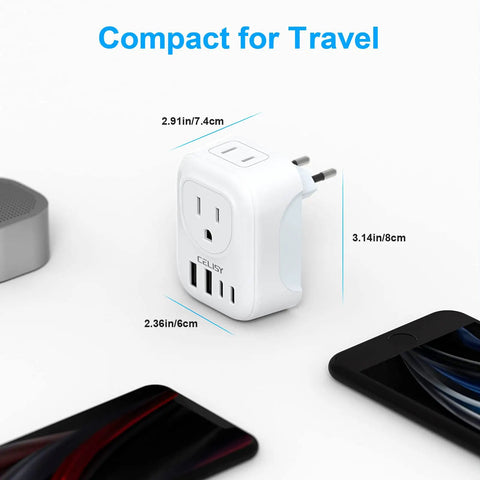 Six In One European Travel Plug Adapter With Two AC Outlets And Four USB Ports Including Two USB C next to phones, dimensions shown