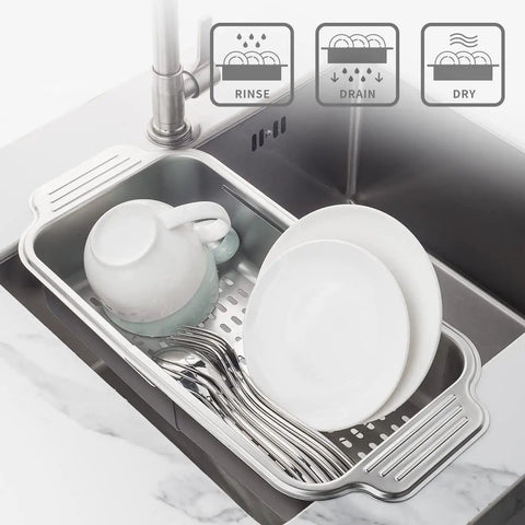Extendable Over Sink Colander In Stainless Steel holding dishes and cutlery over sink, Adjustable Width Fits Most Sinks