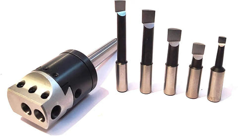 2 Inch Boring Head For Milling And Lathe Machines with 3MT Shank, M12 x 1.75 and five HSS boring bars, accepts 1/2 inch tooling.
