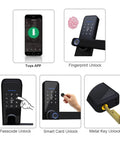 WiFi Smart Door Lock With Fingerprint Keyless Entry Electronic Security System App Control Passcode And IC Card Backup Built In Voice Prompt Lets You Secure Your Pad With Ease In Sleek Black Finish features fingerprint, passcode, app, and card unlocking.