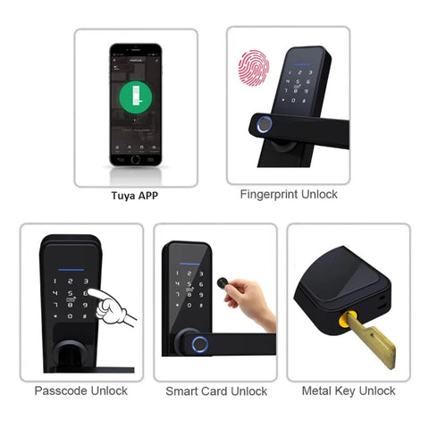 WiFi Smart Door Lock With Fingerprint Keyless Entry Electronic Security System App Control Passcode And IC Card Backup Built In Voice Prompt Lets You Secure Your Pad With Ease In Sleek Black Finish features fingerprint, passcode, app, and card unlocking.
