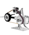 Close-up of Pxolerig 500W Belt Grinder Sander showing motor and belt design, ideal for woodworking and metal polishing.