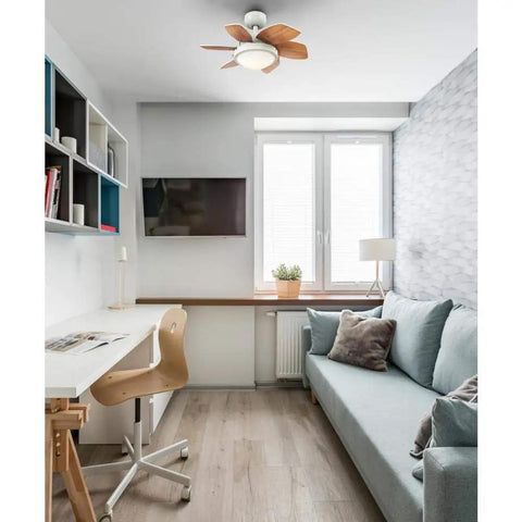 24 Inch Ceiling Fan With Light In White Finish, Dimmable LED Fixture, Reversible White And Beech Blades, Space Saver For Small Rooms