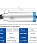 Badass Water Cooled Spindle Motor With Snug Er32 Collet For CNC Router And Tough Stone Carving Jobs 7.5Kw 220V Plus 380V side view with dimensions.