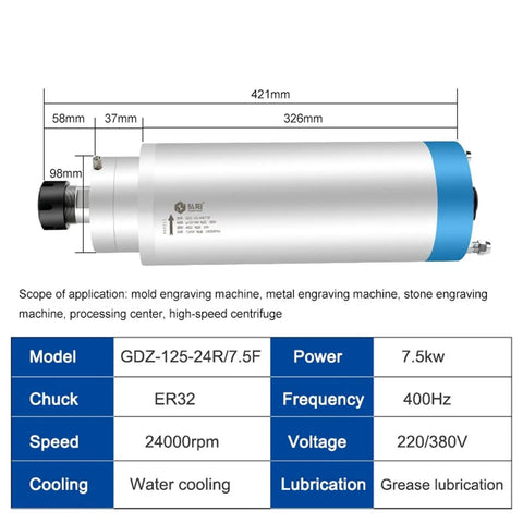 Badass Water Cooled Spindle Motor With Snug Er32 Collet For CNC Router And Tough Stone Carving Jobs 7.5Kw 220V Plus 380V side view with dimensions.