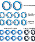 22 Piece Metal Sealed Bearing Set For 1 To 18 RC Cars Beef Up Your RC Car Upgrades And Replacements Durable Bearings Deliver Smooth Performance Reduced Friction Long Lasting Ride. Image shows various sizes of sealed bearings in blue and silver.