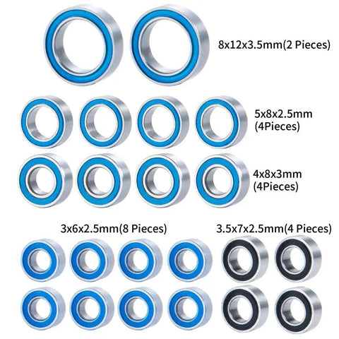 22 Piece Metal Sealed Bearing Set For 1 To 18 RC Cars Beef Up Your RC Car Upgrades And Replacements Durable Bearings Deliver Smooth Performance Reduced Friction Long Lasting Ride. Image shows various sizes of sealed bearings in blue and silver.