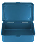 Heavy Duty Vintage Iron Tool Box For Home Garage Workshop, Built Tough Metal Storage Case, blue case with open lid.