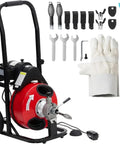 Heavy Duty Electric Drain Cleaner Machine with 75 Foot Manganese Steel Sewer Snake, tools and gloves for effective clog removal.