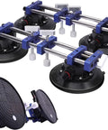 Front view of two blue seam setter tools with 7-inch vacuum suction cups and aluminum rails for countertop installation.