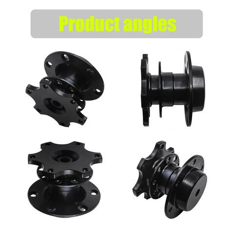 Zero Fuss Drop In Quick Swap Steering Wheel Adapter Hub Featuring Solid Machined Alloy Body, showing multiple angles of black hub.