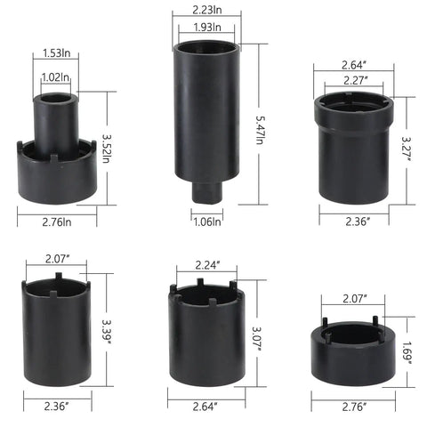 Beefy Spindle Nut Socket Set, 6 Piece Half Inch Drive Kit For Axle Lock Nuts, Wheel Hub Nuts And Spindles, sizes shown with dimensions