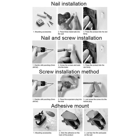 Nail and screw installation guide for Vintage Deer Head Resin Wall Hook, showcasing steps and tools used.