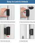 Heavy Duty Aluminum Door Lock Reinforcement For Front Doors Tough As Nails Kick Resistant Security Latch Withstand 800 Lbs Anti Kick In Protector Child Proof Rust Resistant Easy Install Durable Door Safety Hardware showing locking and unlocking instructions.