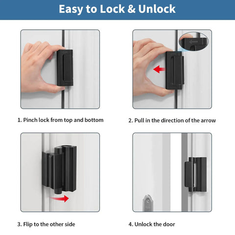 Heavy Duty Aluminum Door Lock Reinforcement For Front Doors Tough As Nails Kick Resistant Security Latch Withstand 800 Lbs Anti Kick In Protector Child Proof Rust Resistant Easy Install Durable Door Safety Hardware showing locking and unlocking instructions.