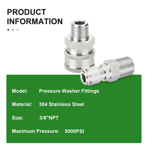 12-piece stainless steel pressure washer adapter kit with 3/8 NPT male fittings