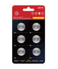 Top Shelf LR44 AG13 A76 Alkaline Button Cell Batteries 1.5V Coin Pack built tough in a six-pack blister pack.