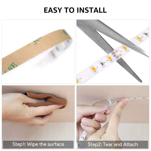 Steps for installing Dimmable 16.4Ft White LED Strip Light 3000K Warm White Tape Lights For Your Home Setup Kitchen Under Cabinet Bedroom Vanity