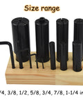 Expandable Arbor Set 1/4 To 1-1/4 Inch For Lathe And Milling Machines, 8 Piece Expansion Mandrel Kit For Chucks, Collets, Fixtures, And Grinding. Size range displayed on stand.