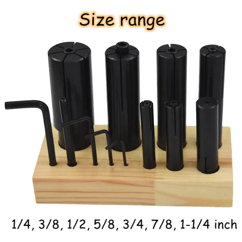 Expandable Arbor Set 1/4 To 1-1/4 Inch For Lathe And Milling Machines, 8 Piece Expansion Mandrel Kit For Chucks, Collets, Fixtures, And Grinding. Size range displayed on stand.
