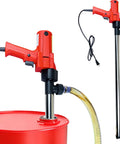 Tough As Nails 2480W Electric Fuel Transfer Pump For Diesel And Motor Oil shown with red handle, tube, and barrel for quick fluid transfers.