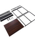 Built Tough Heavy Duty Rolling Workbench Cart With Filament Spool Rack And Solid Beech Top disassembled parts including wood top and black metal frame.