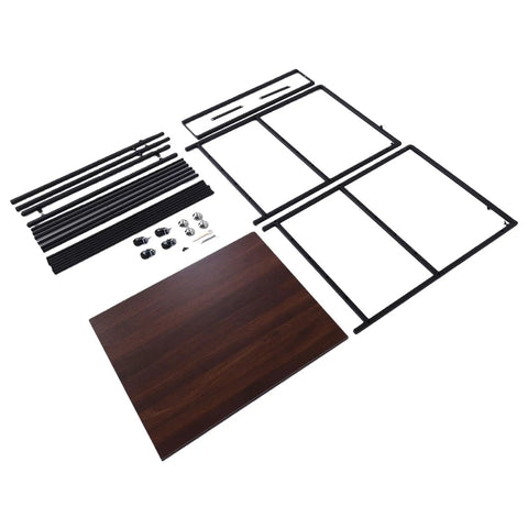 Built Tough Heavy Duty Rolling Workbench Cart With Filament Spool Rack And Solid Beech Top disassembled parts including wood top and black metal frame.