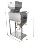 Automatic Stainless Steel Powder Filling Machine fits coffee beans, tea, seeds, nuts, and rice on a countertop with precise scales.