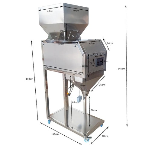 Automatic Stainless Steel Powder Filling Machine fits coffee beans, tea, seeds, nuts, and rice on a countertop with precise scales.