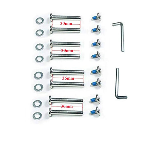 Inline Skate Replacement Wheel Axles Repair Kit with 6mm shafts, 30mm and 36mm lengths, screws, washers, and hex wrenches for rollerblades.